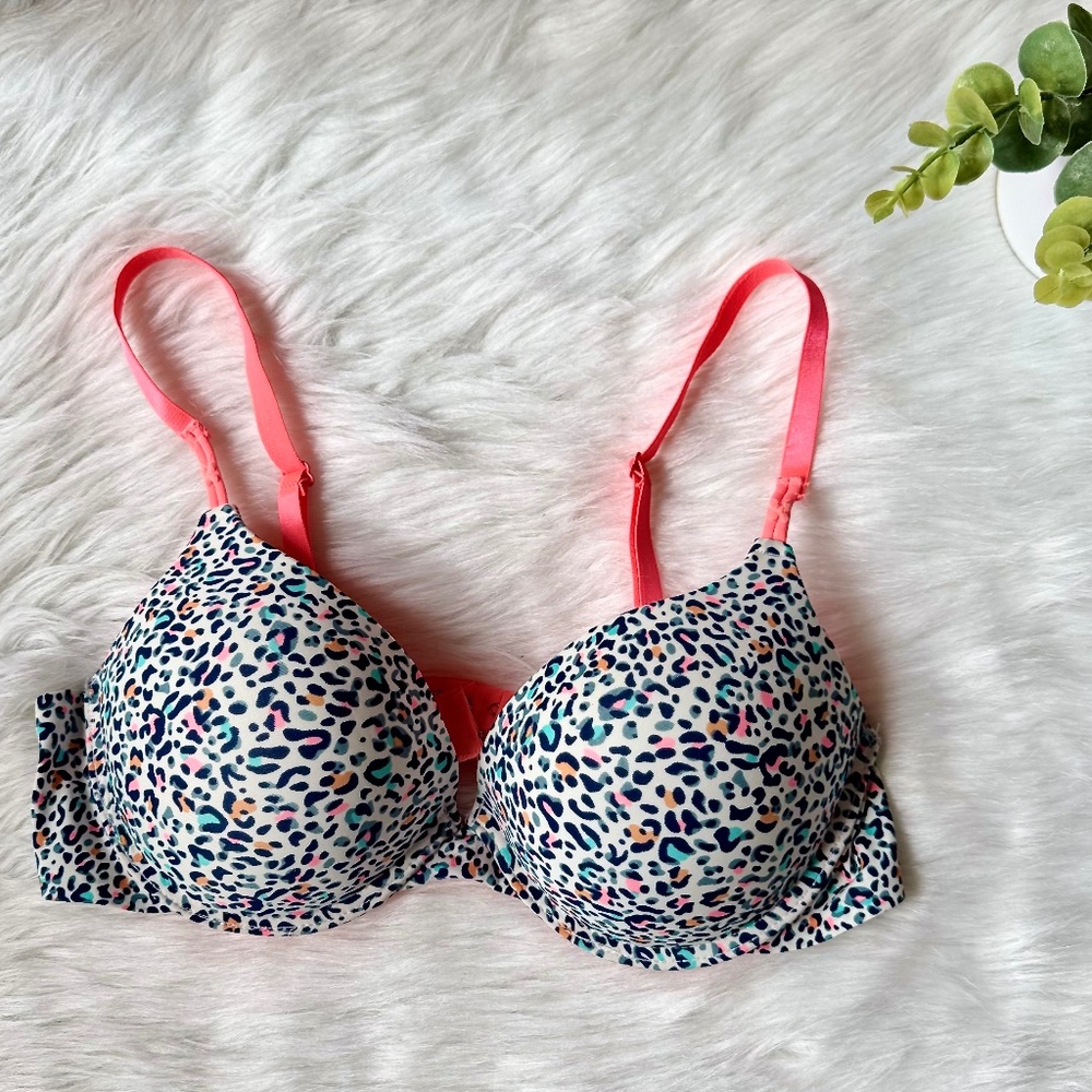 Smooth Underwire Plunge Demi Bra Multi-color Leopard Print Coral Straps 38C‎